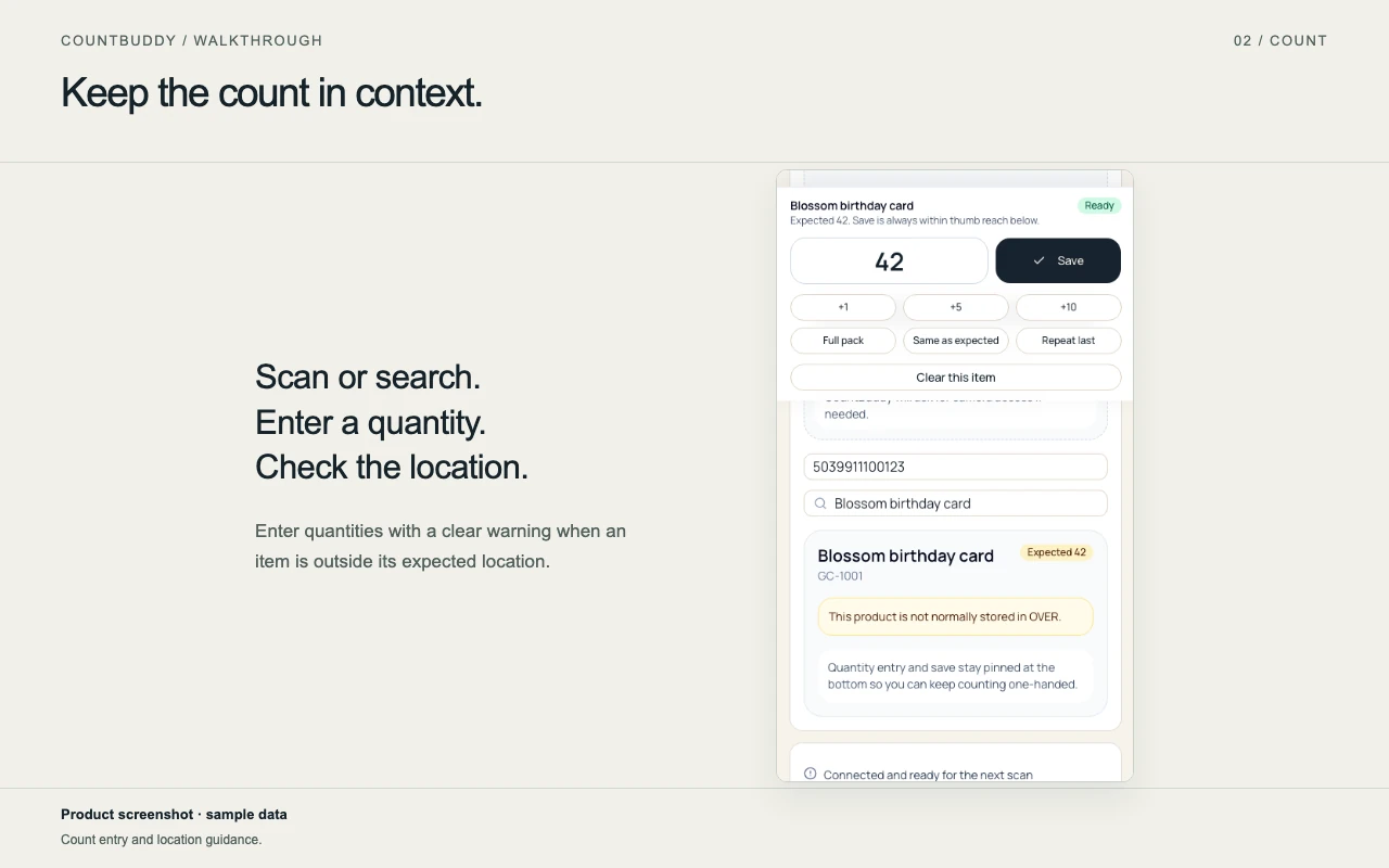 Record items on mobile. CountBuddy mobile counting screen with sample items.