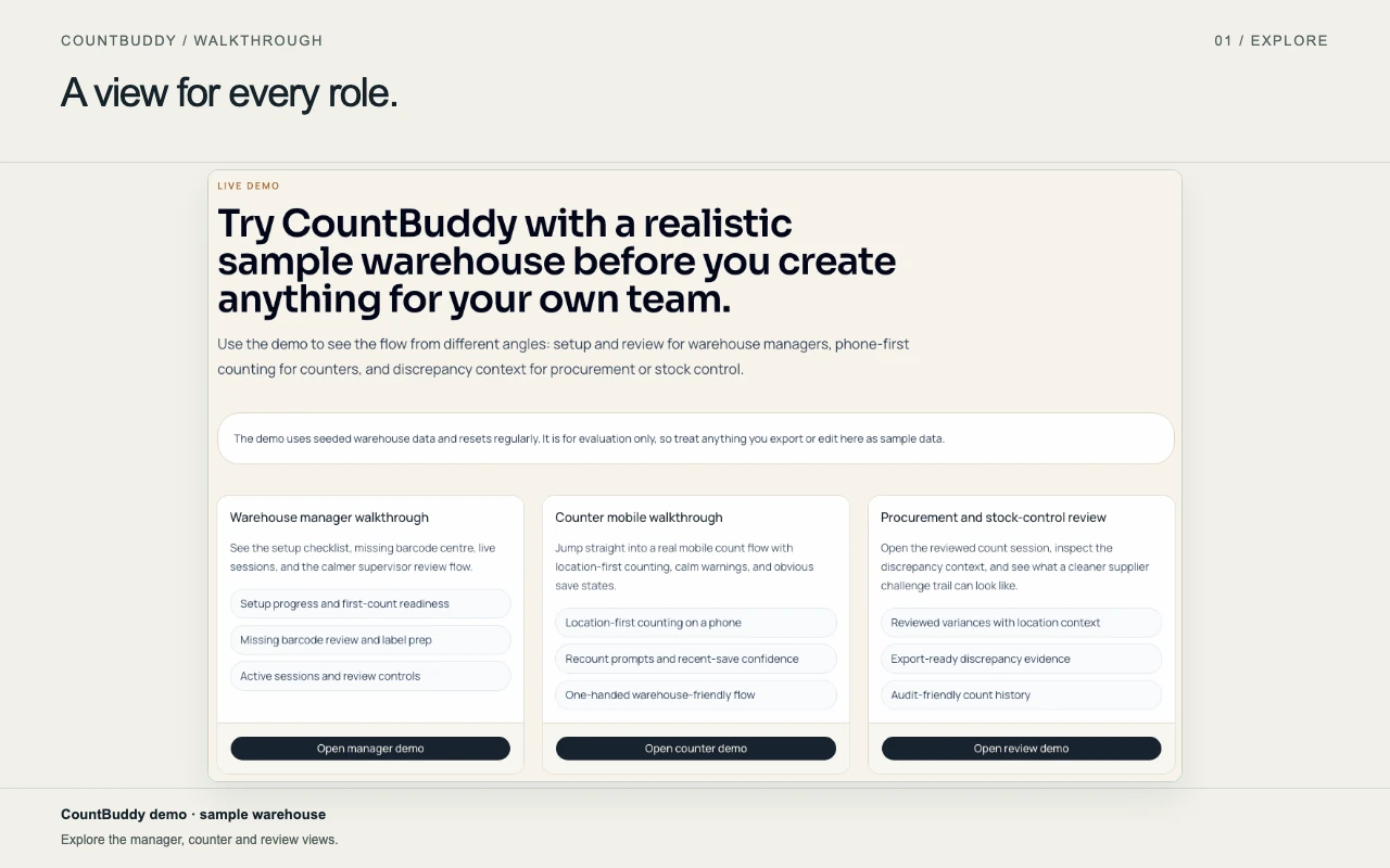 Prepare a stock count. CountBuddy product walkthrough with sample stock-count data.