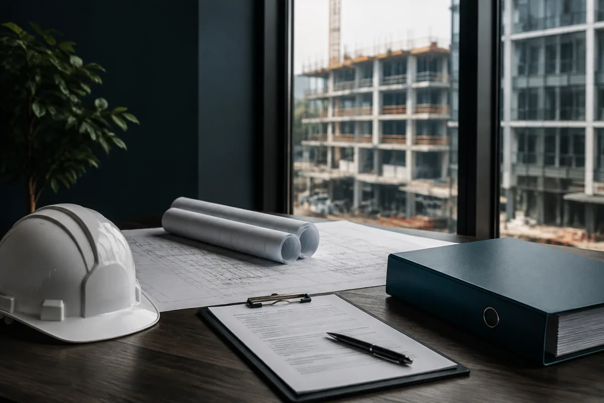 Illustrative construction planning desk with hard hat and drawings